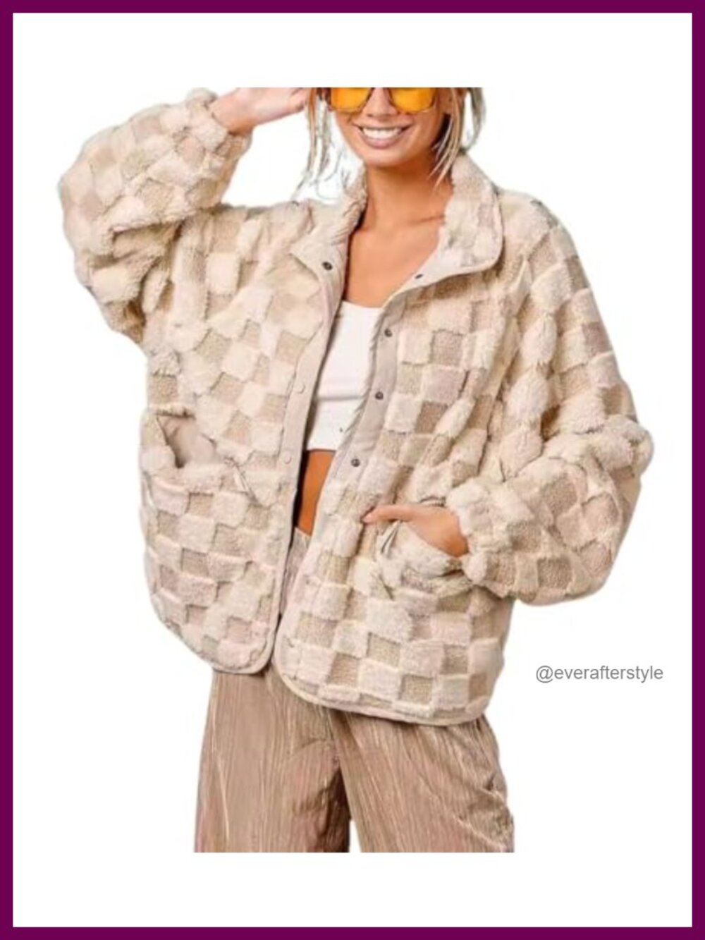 Women Winter Checkered Fleece Jacket Fuzzy Oversized Sherpa Shacket Faux Fur